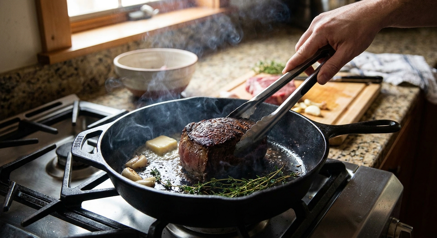 A beef tenderloin being seared in a hot skillet with browned edges forming, seen on a stovetop in a home kitchen