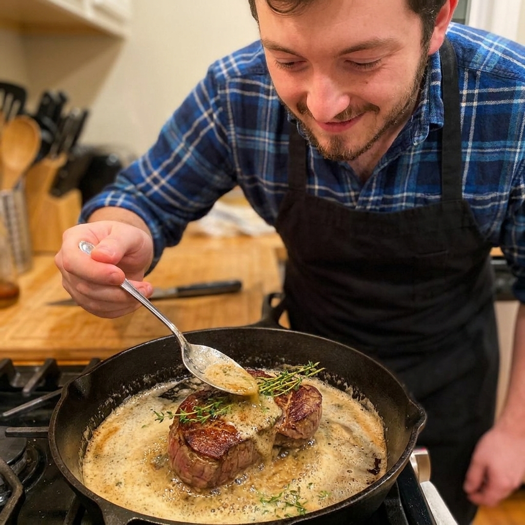 A beef tenderloin in a skillet being basted with foamy butter and thyme using a spoon, close-up real food photo