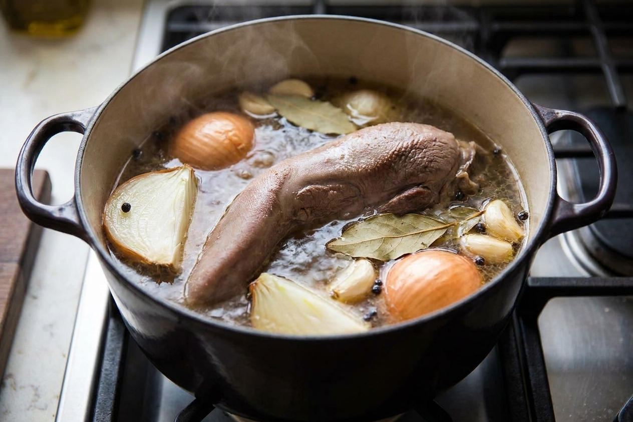 A beef tongue simmering in a Dutch oven with onion quarters, garlic, bay leaves, and peppercorns visible in the broth on a stovetop