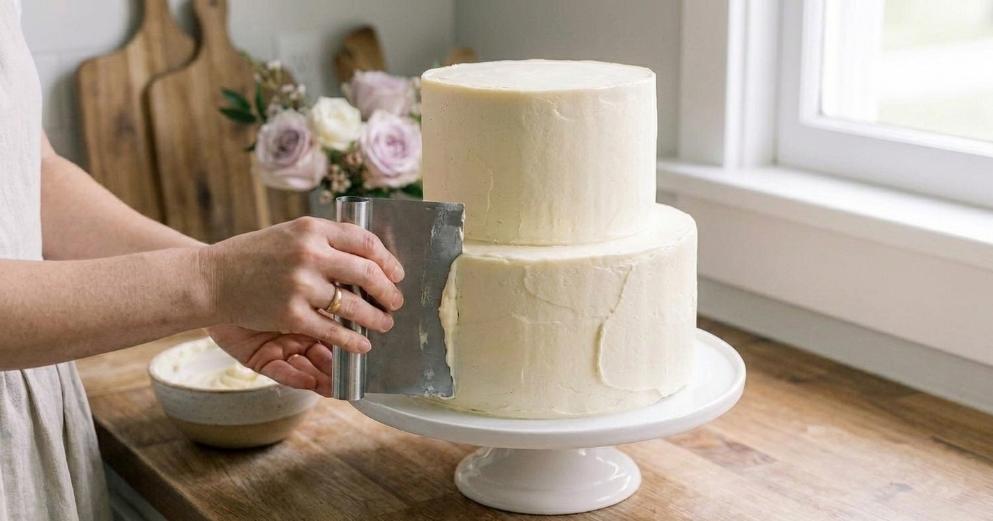 A bench scraper smoothing buttercream on an 8-inch cake on a rotating cake turntable