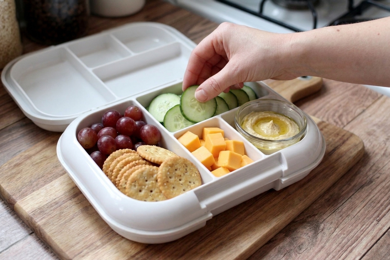 A bento lunchbox being packed with sliced cucumbers, grapes, crackers, cheese cubes, and a small dip container