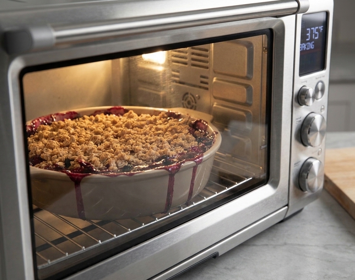 A berry crumble baking in the oven with visible bubbling berry juices at the edges and a golden topping