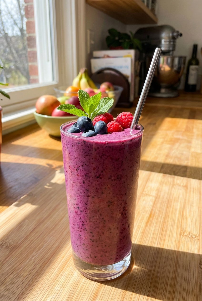 A berry smoothie in a tall glass with a straw on a bright kitchen counter