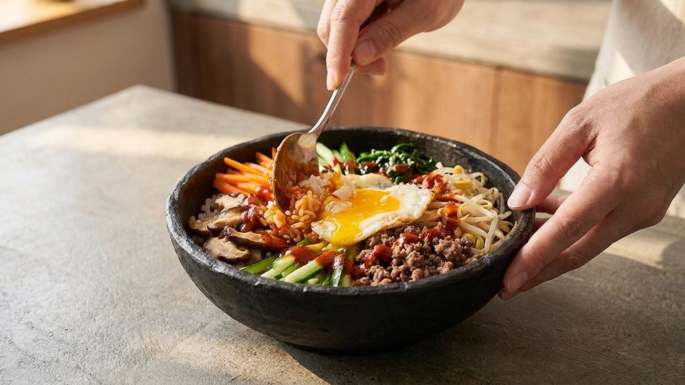 A bibimbap bowl being mixed with a spoon, showing rice, vegetables, beef, and egg yolk blending with red gochujang sauce