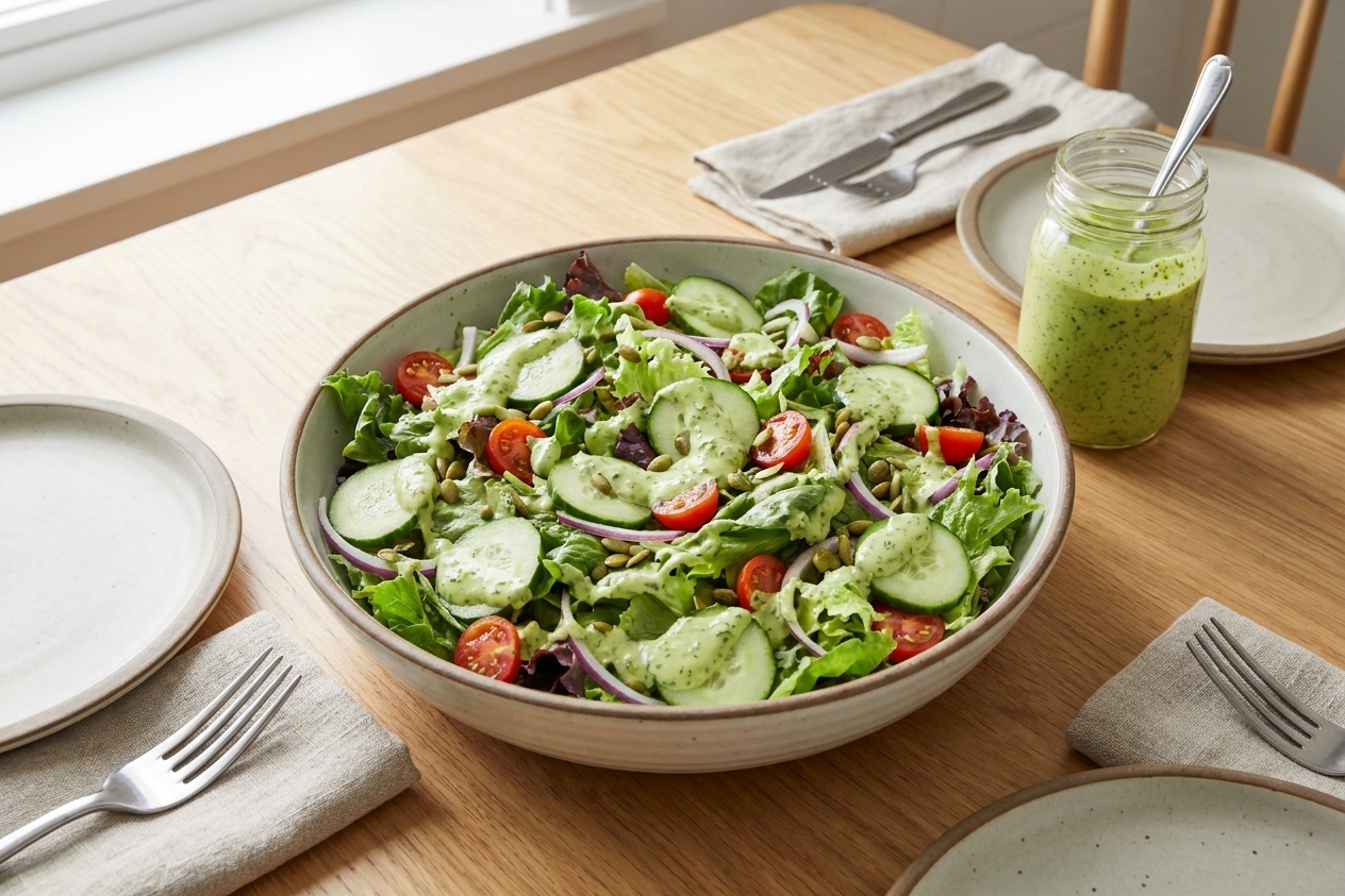 A big green salad in a bowl with creamy avocado dressing drizzled over the top on a dining table with simple place settings