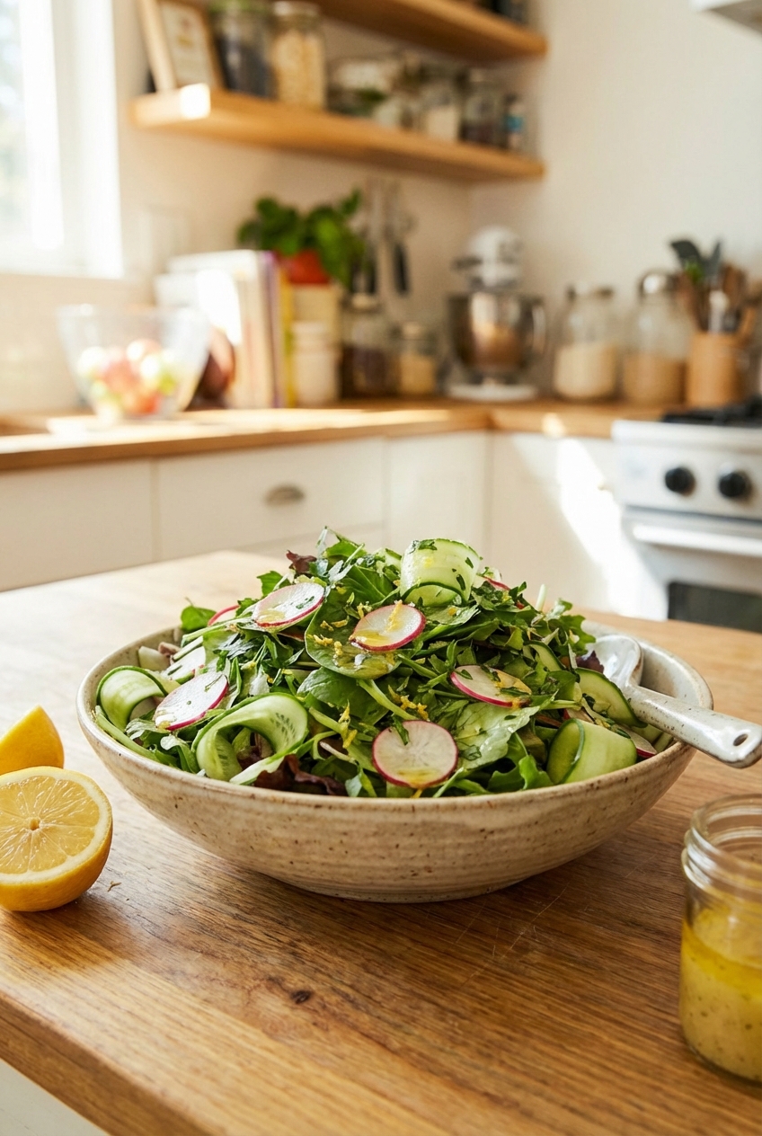 A big green salad with cucumbers, radishes, and a lemon vinaigrette in a serving bowl