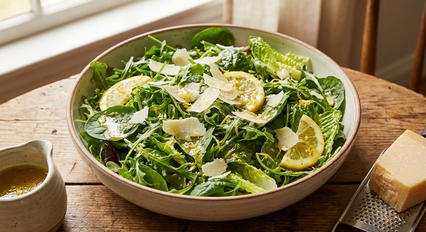 A big green salad with lemon vinaigrette and shaved parmesan