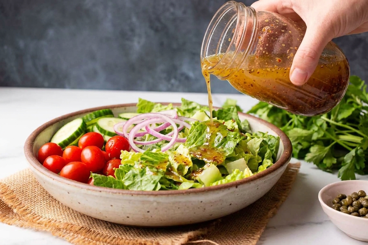 A big salad in a ceramic bowl with Italian dressing being drizzled over romaine, tomatoes, cucumbers, and red onion on a kitchen counter