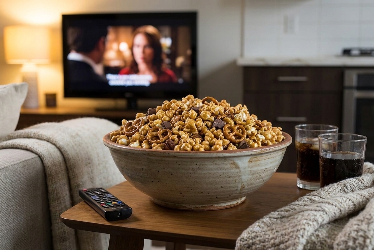 A big serving bowl filled with caramel popcorn mix, pretzels, and chocolate on a coffee table set up for movie night