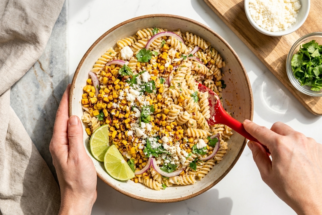 A big serving bowl of street corn pasta salad with charred corn, cotija cheese, cilantro, and lime wedges on a sunlit kitchen counter
