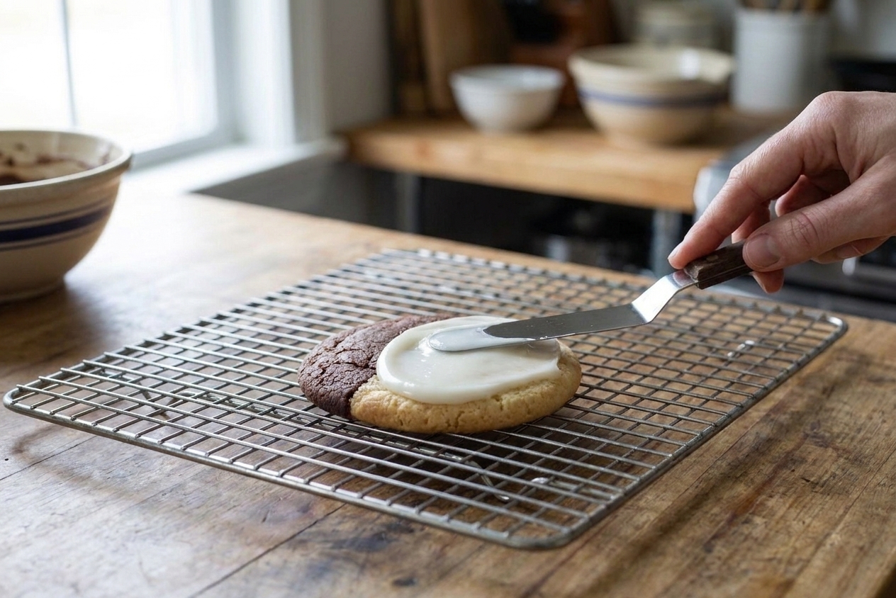 A black and white cookie on a wire rack being iced with vanilla on one side using an offset spatula