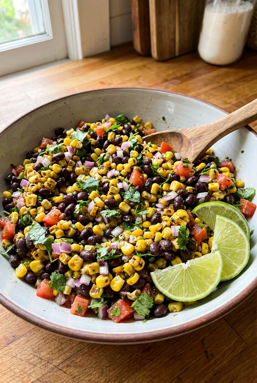 A black bean and corn salad in a bowl with diced red onion and lime wedges