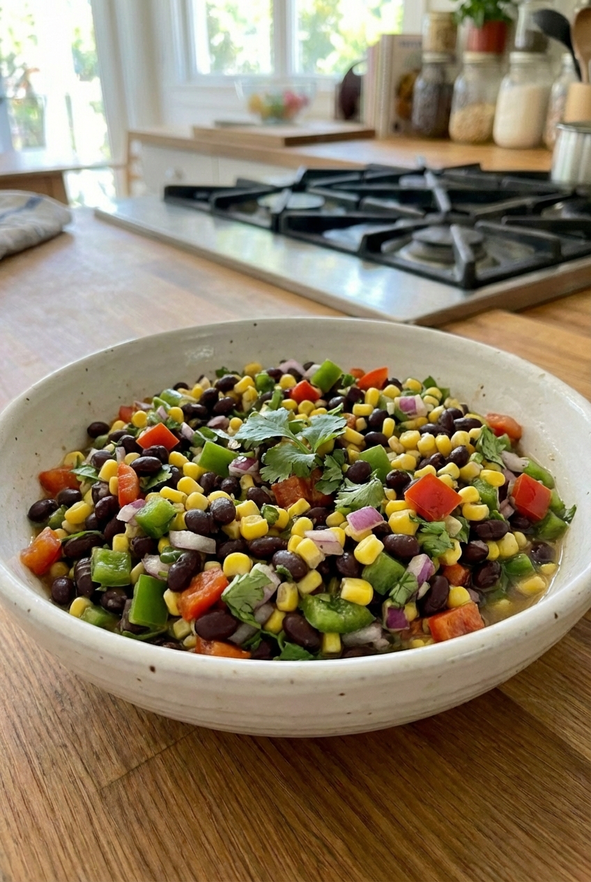 A black bean and corn salad in a white bowl with diced peppers