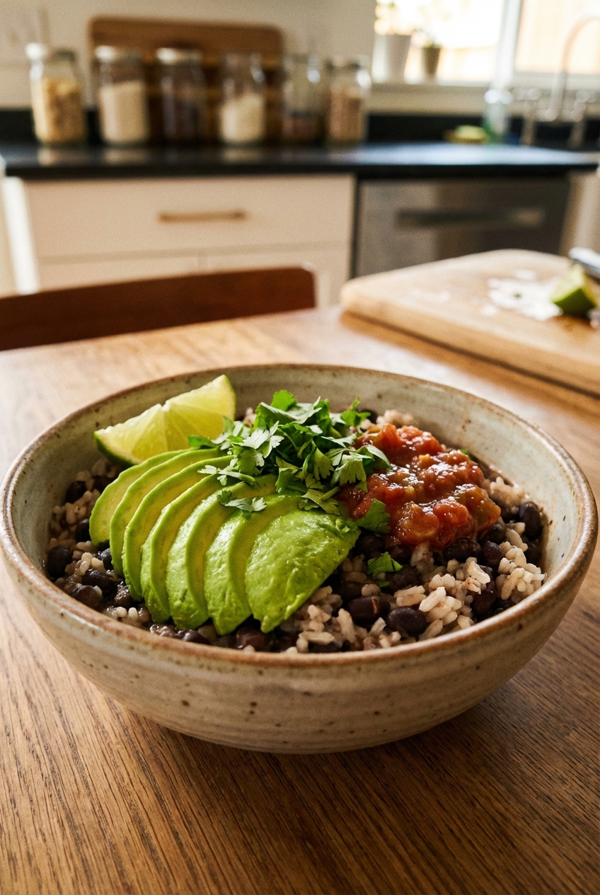 A black bean and rice bowl topped with avocado slices