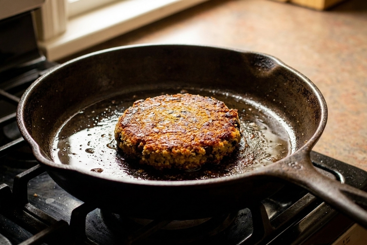 A black bean veggie burger patty browning in a cast iron skillet with a thin sheen of oil, showing crisp edges as it cooks