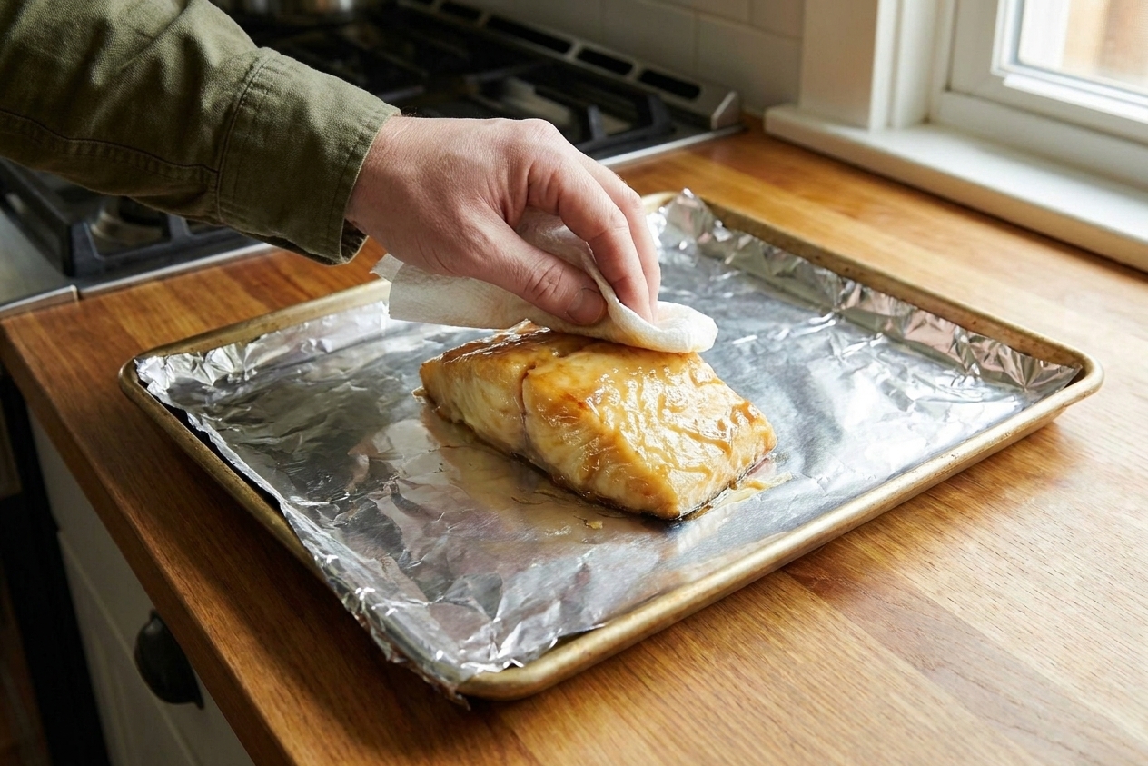 A black cod fillet being gently wiped so only a thin coating of miso marinade remains on the surface, over a foil-lined baking sheet