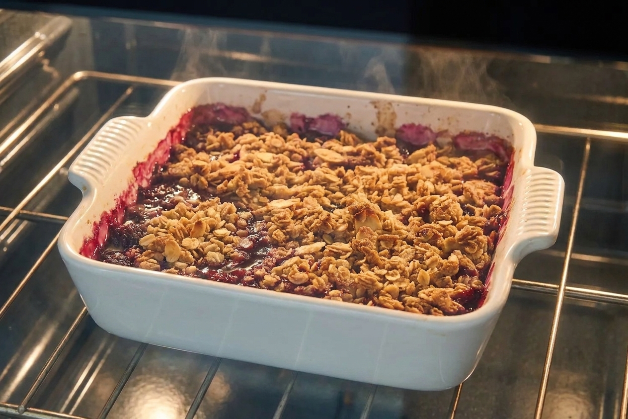 A blackberry crisp baking in an oven with bubbling berry juices visible around the edges
