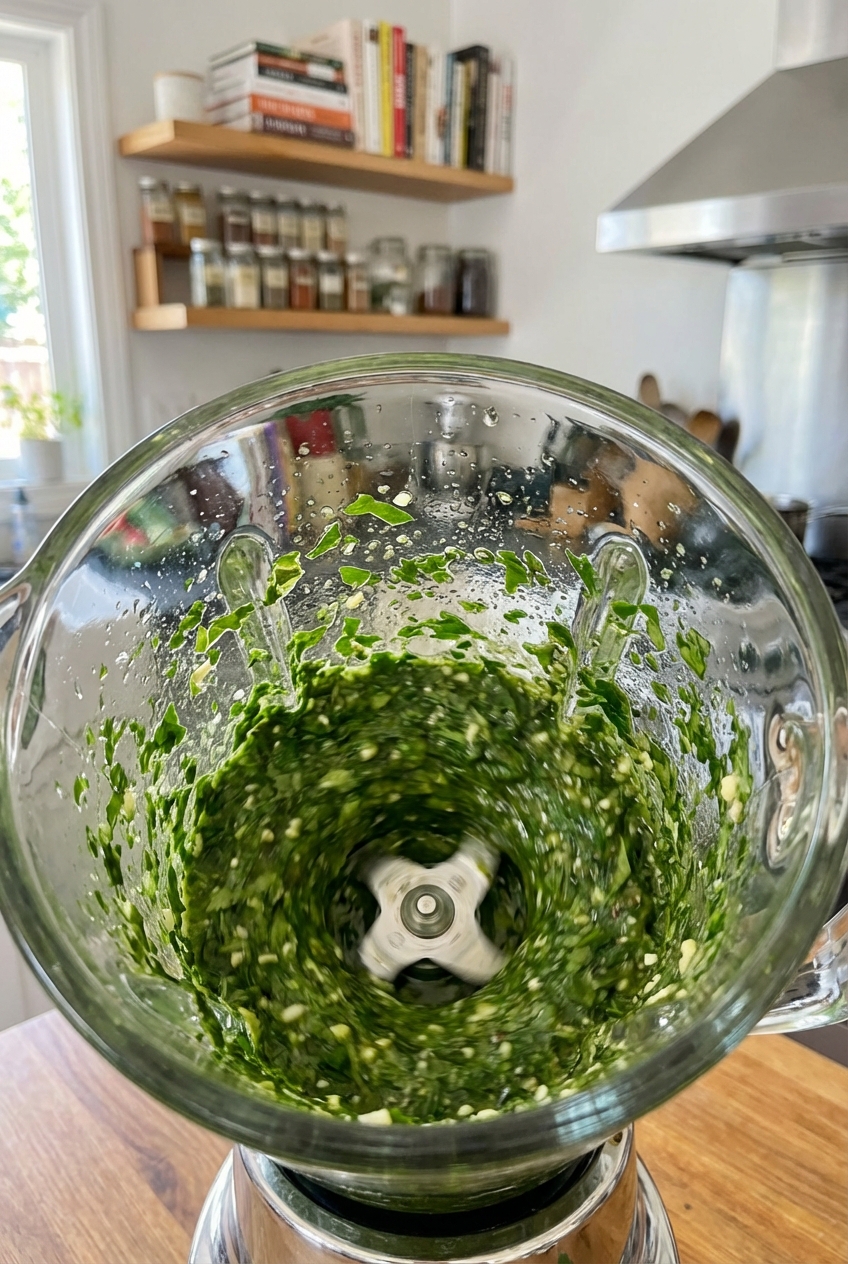 A blender container filled with bright green herb sauce mid-blend