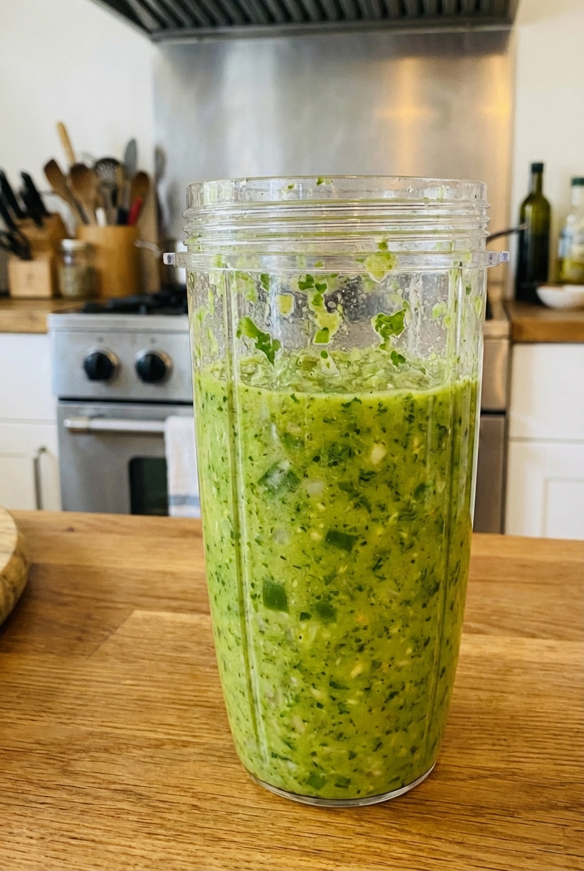 A blender cup filled with bright green blended sofrito before cooking