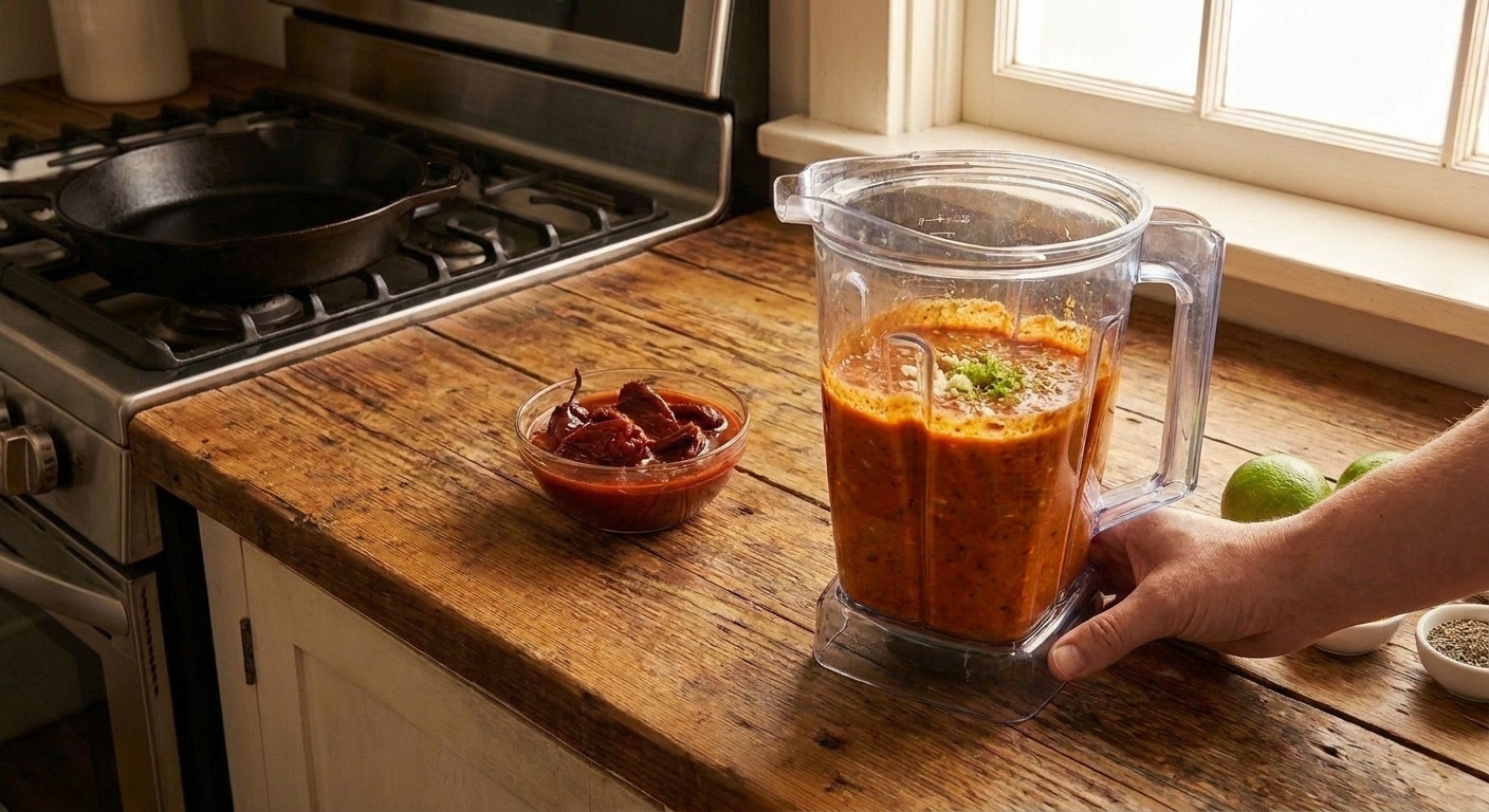 A blender cup filled with chipotle marinade with lime juice, garlic, and spices on a warm kitchen counter next to chipotle peppers in adobo