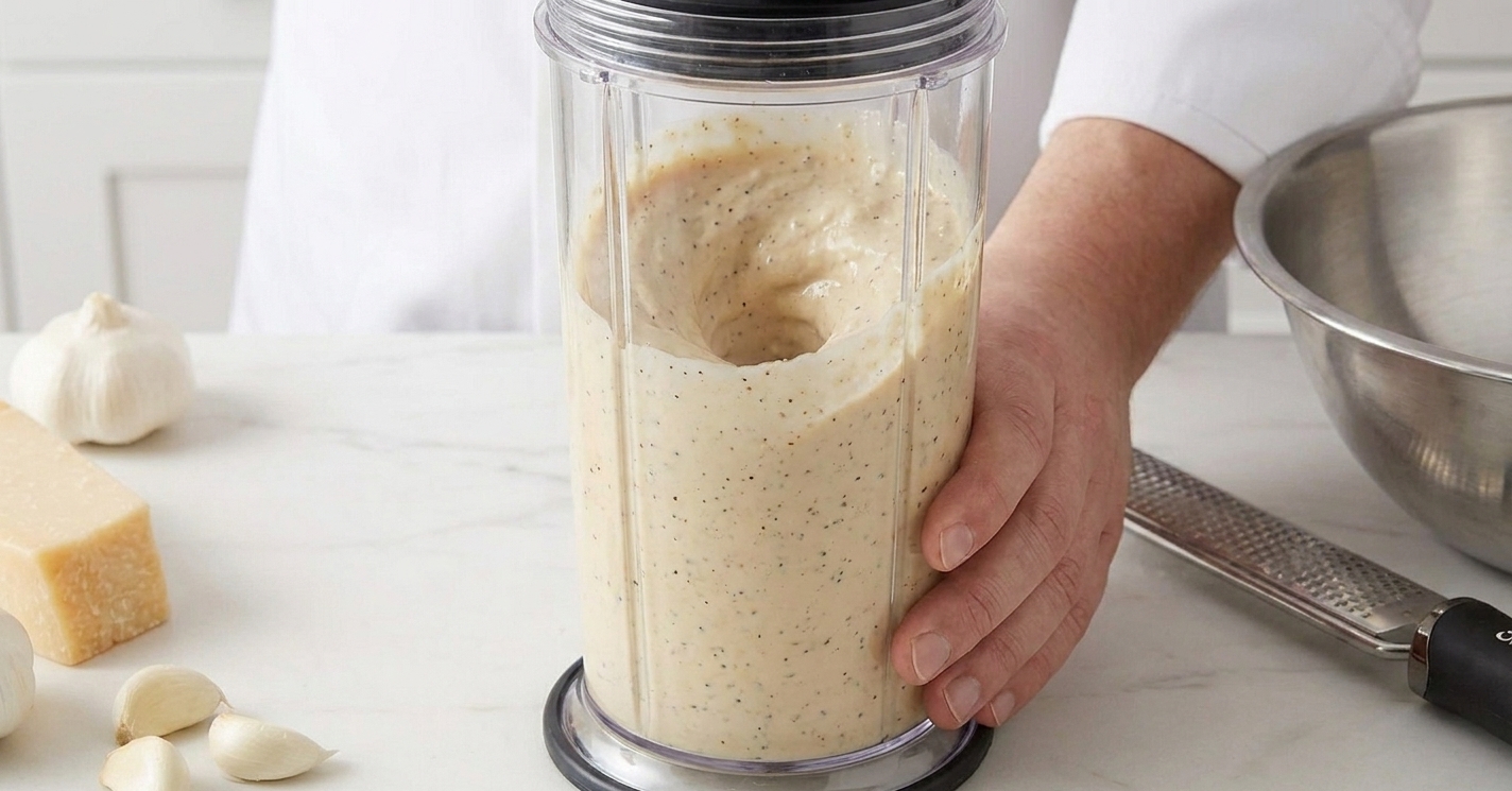 A blender cup filled with creamy Caesar sauce mid-blend, with sauce swirling up the sides and a hand holding the cup steady on a kitchen counter