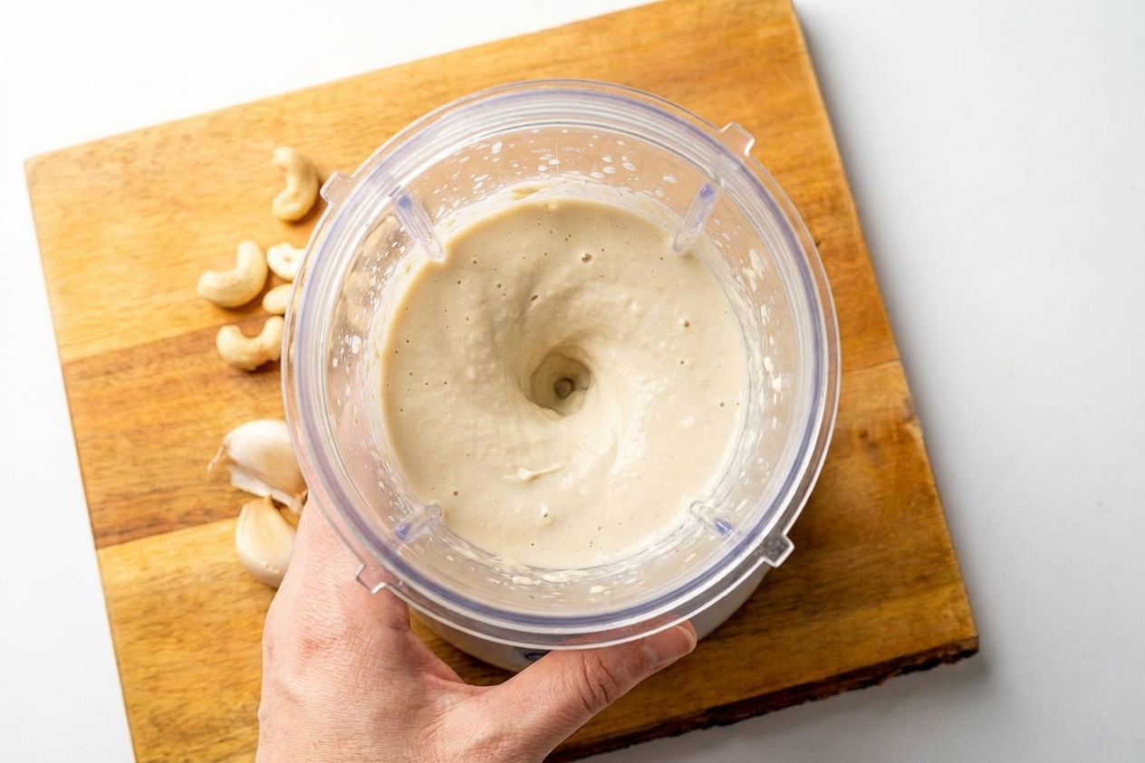 A blender cup filled with pale creamy cashew sauce being blended on a kitchen counter