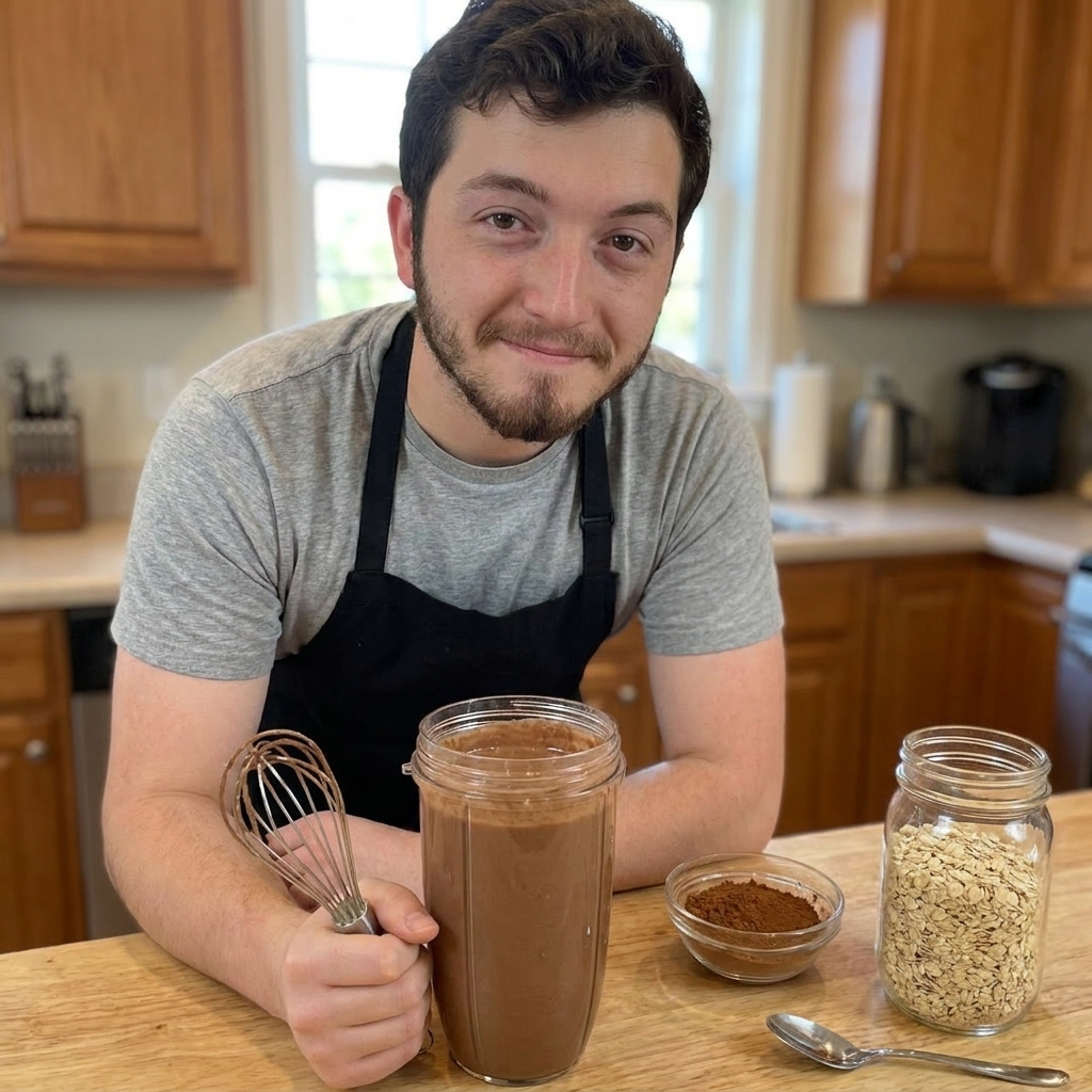 A blender cup filled with smooth chocolate oat batter, with cocoa powder and rolled oats on the counter beside it, kitchen photo