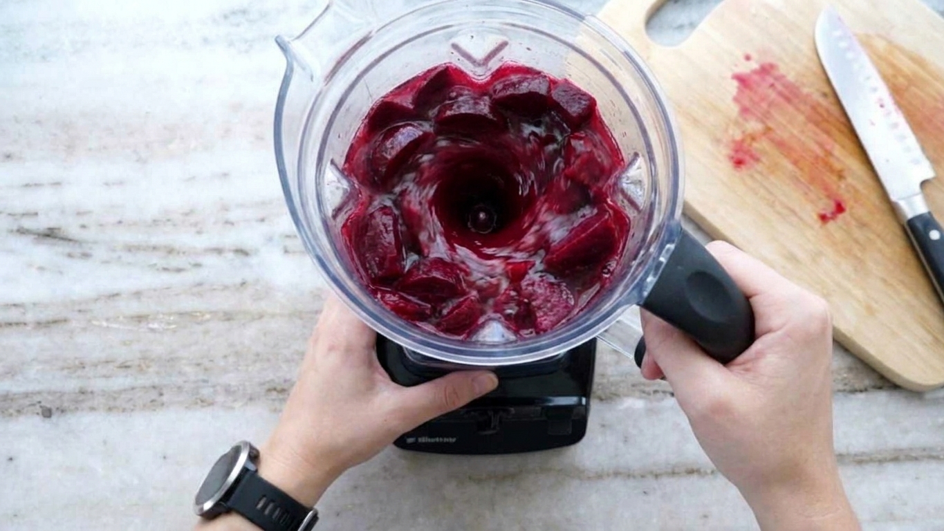 A blender filled with chopped beets and water mid-blend on a counter