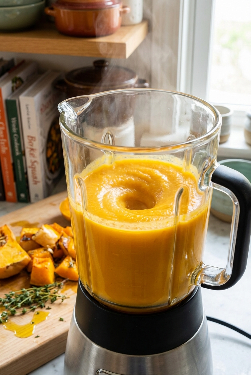 A blender filled with roasted butternut squash being pureed until silky smooth