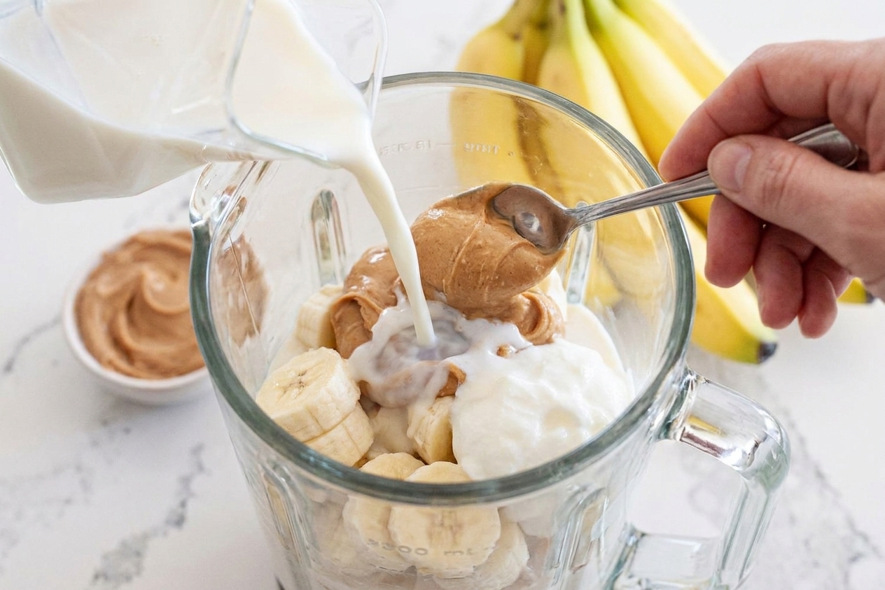 A blender jar being filled with milk, banana slices, peanut butter, and yogurt on a clean kitchen counter