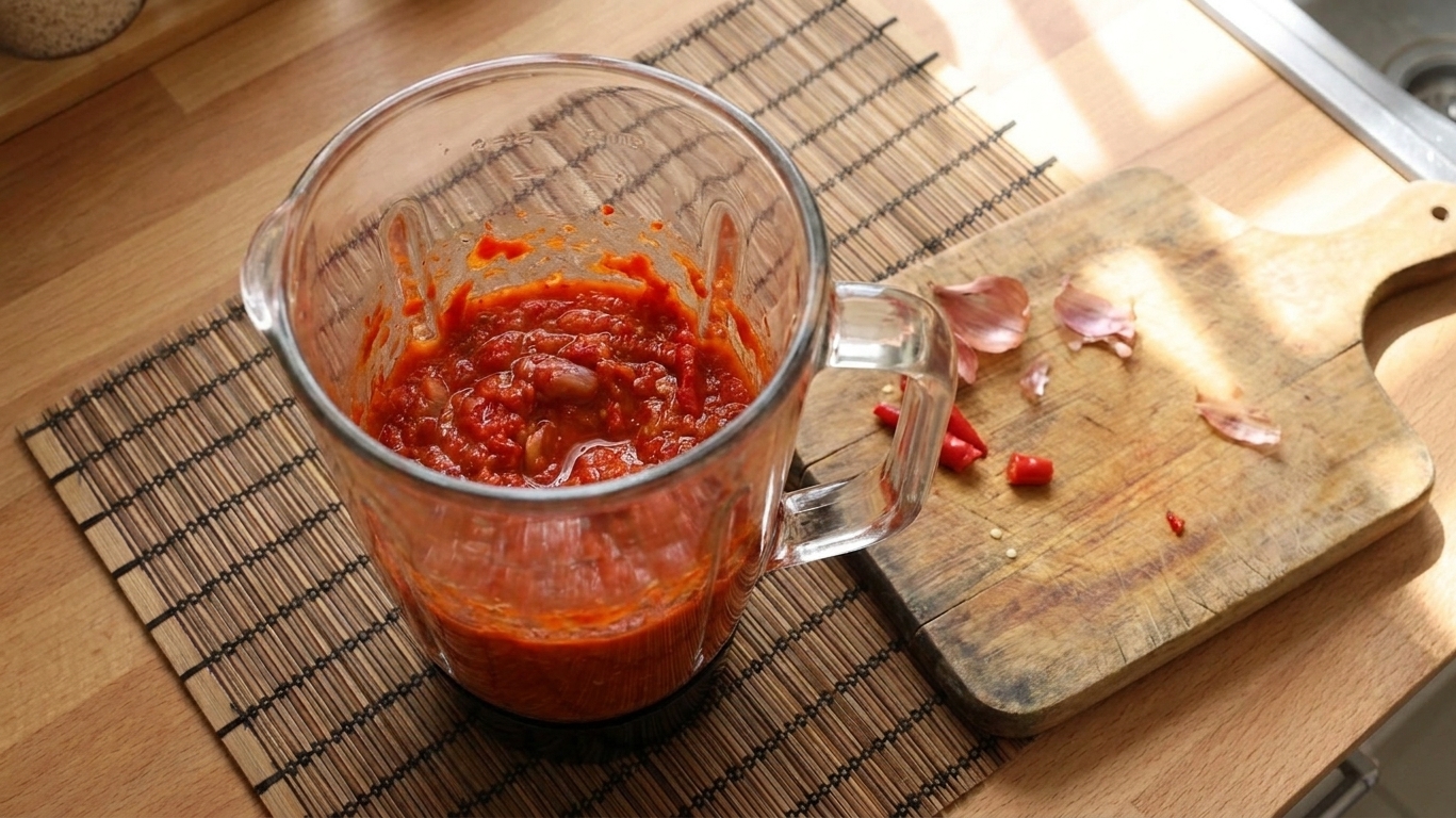 A blender jar filled with a bright red chili and shallot mixture for sambal on a kitchen counter next to a cutting board