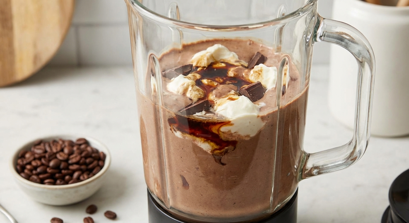 A blender jar filled with a creamy chocolate coffee cocktail mixture before blending