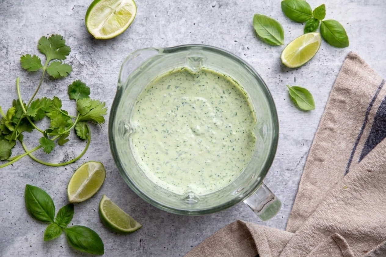 A blender jar filled with a creamy green herb sauce with lime wedges and basil nearby on a kitchen counter