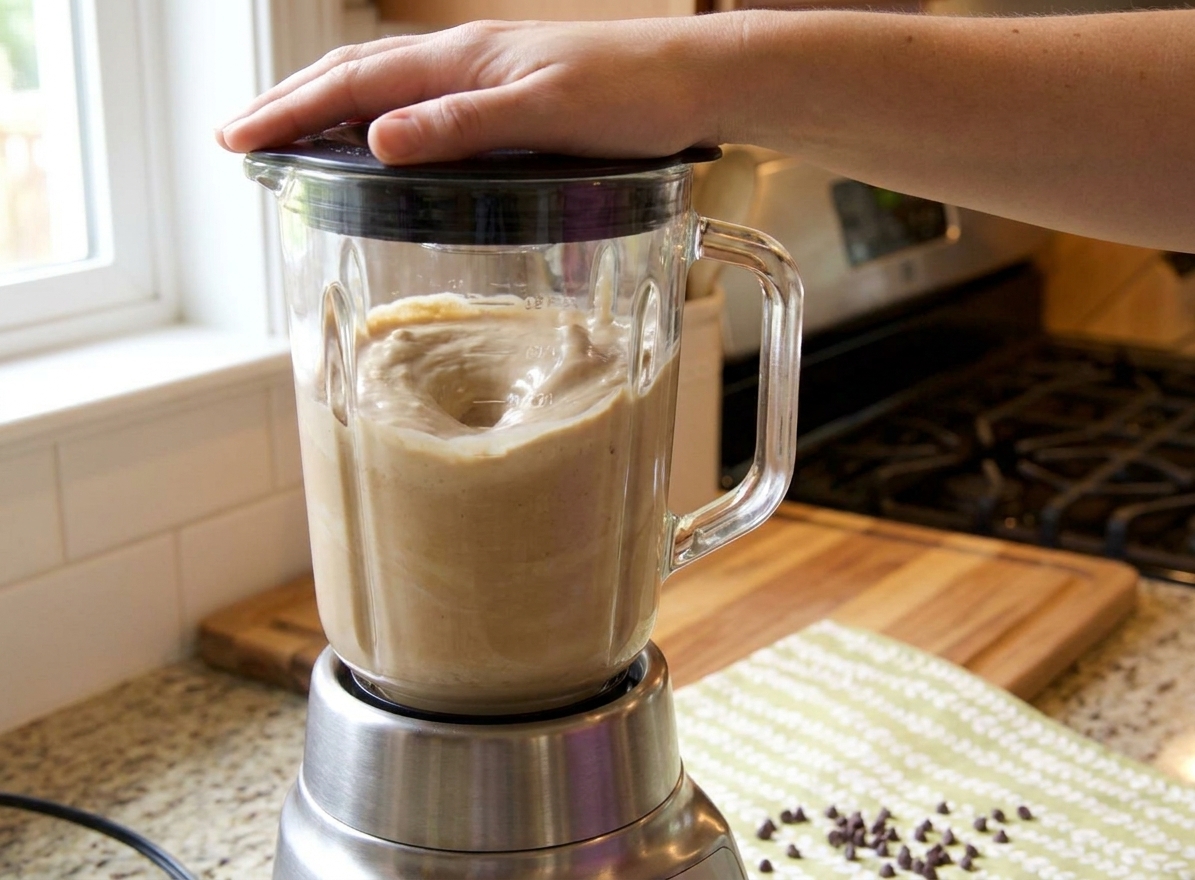 A blender jar filled with a creamy tan Mudslide mixture mid-blend on a kitchen counter