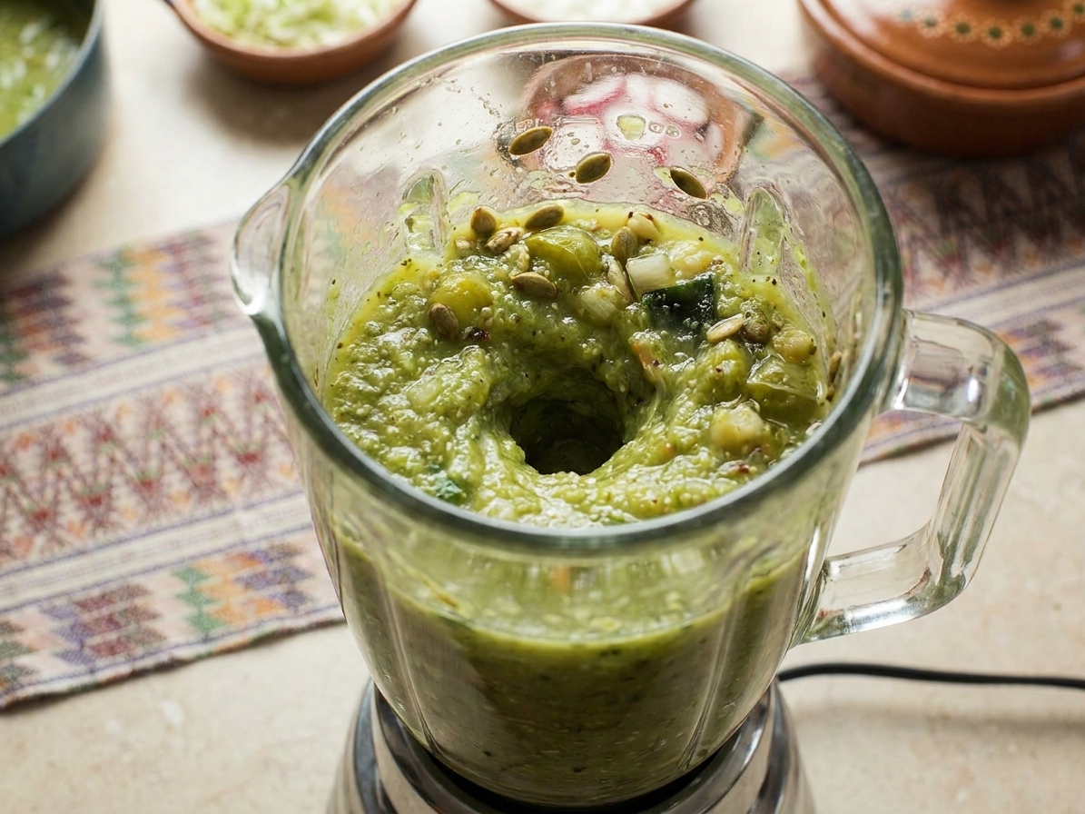 A blender jar filled with a green tomatillo mixture and pepitas mid-blend on a kitchen counter