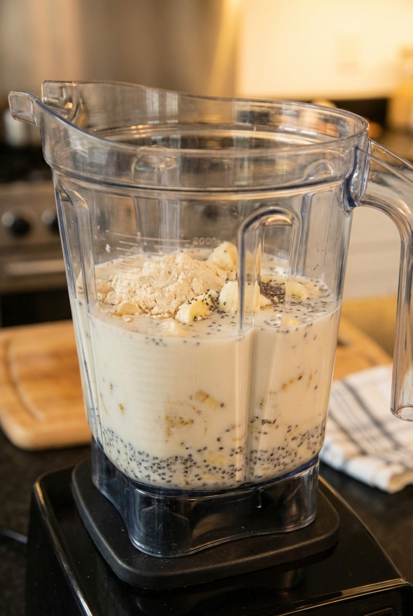 A blender jar filled with a pale, creamy protein shake mixture right before blending