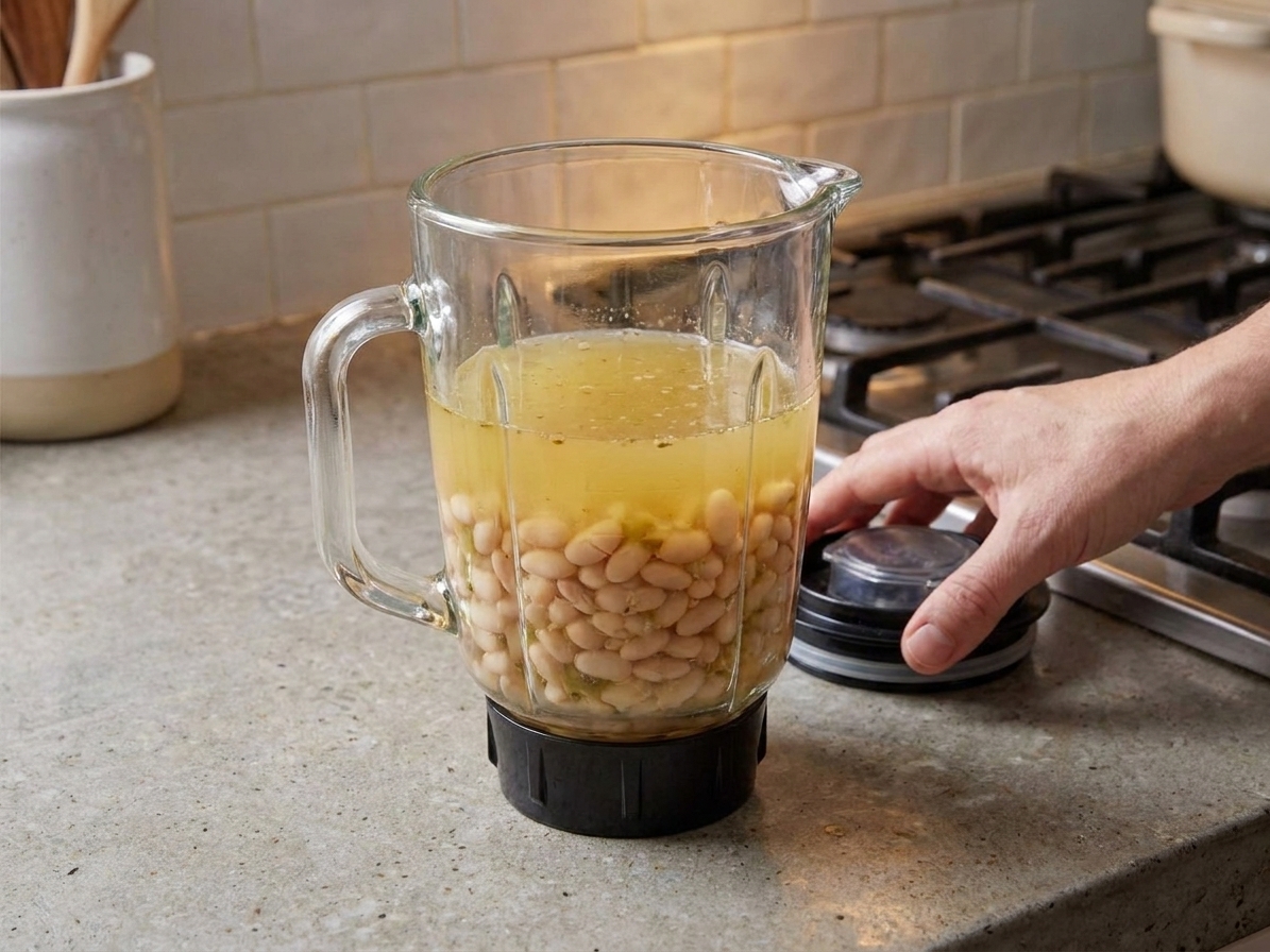 A blender jar filled with a portion of white beans and broth from the chili, ready to be blended on a kitchen counter