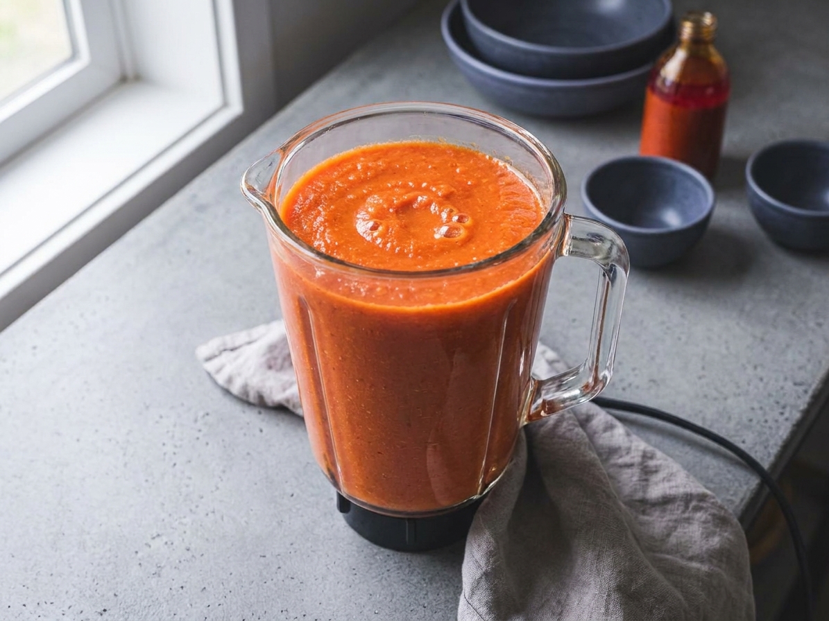 A blender jar filled with a smooth orange-red pepper and tomato mixture sitting on a kitchen counter