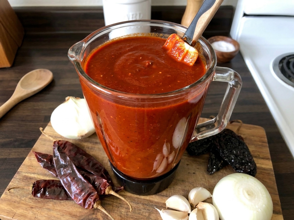 A blender jar filled with a smooth red chile marinade for al pastor on a kitchen counter
