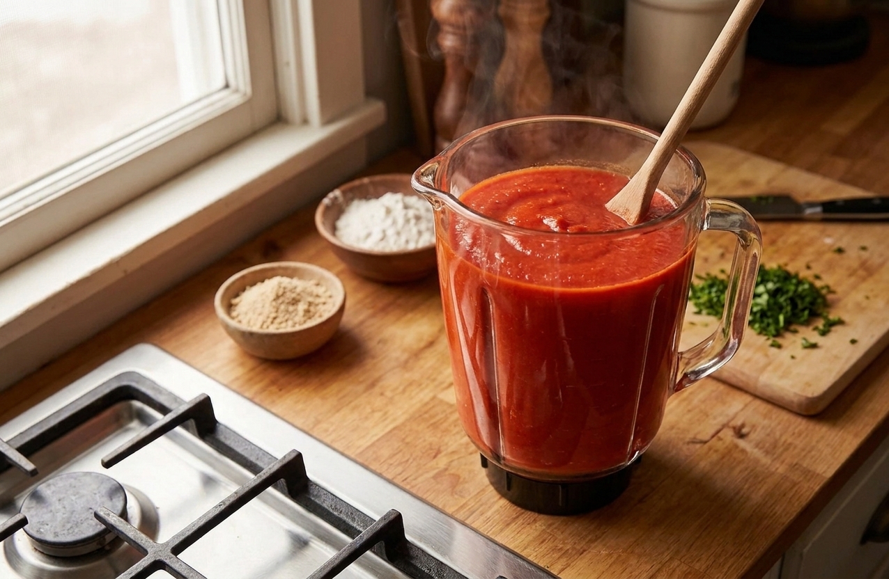 A blender jar filled with a smooth red pepper and tomato mixture on a kitchen counter