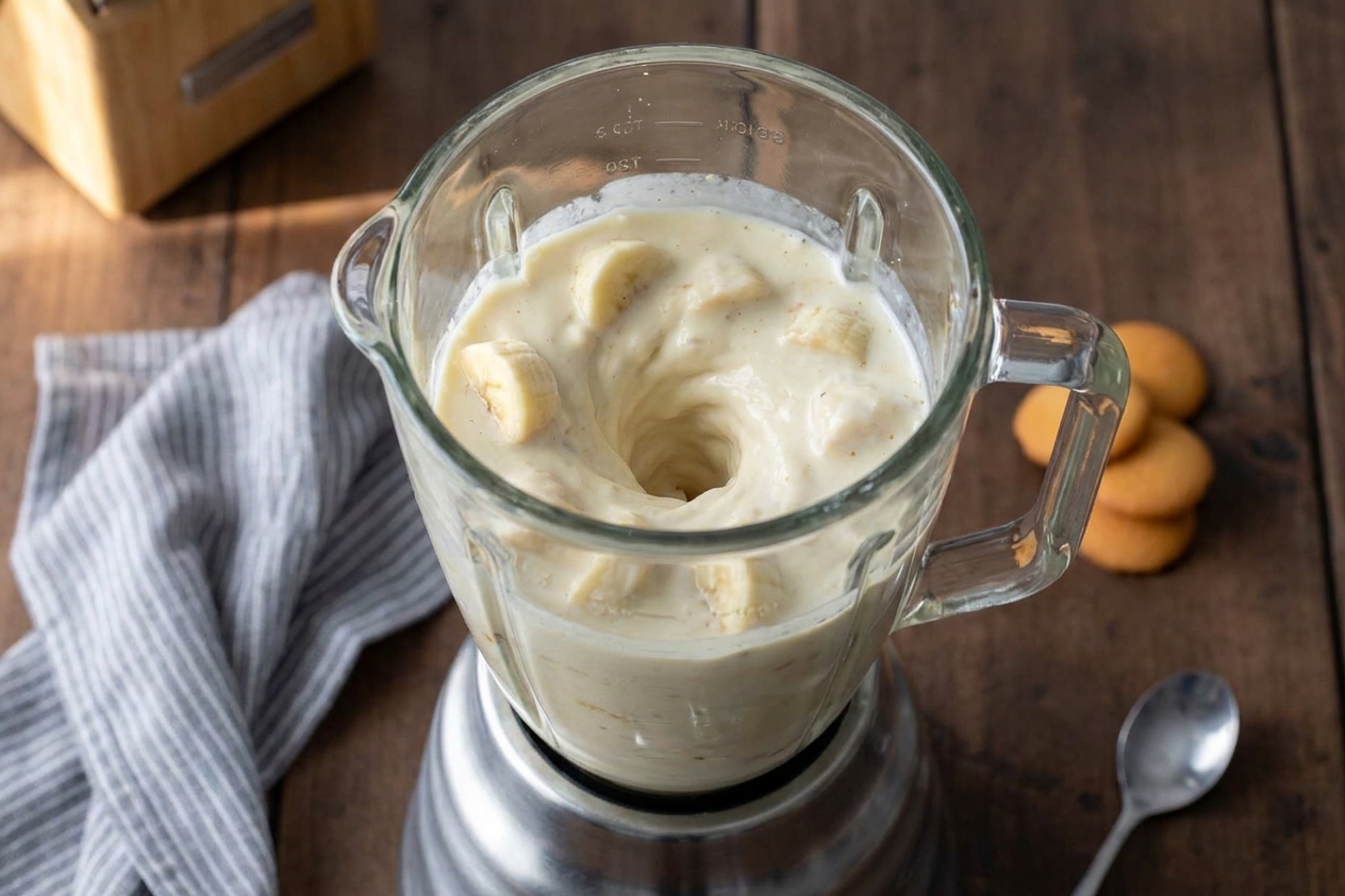 A blender jar filled with bananas, cream, and milk being blended on a kitchen counter
