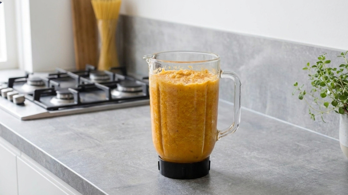 A blender jar filled with blended carrot and ginger mixture on a kitchen counter