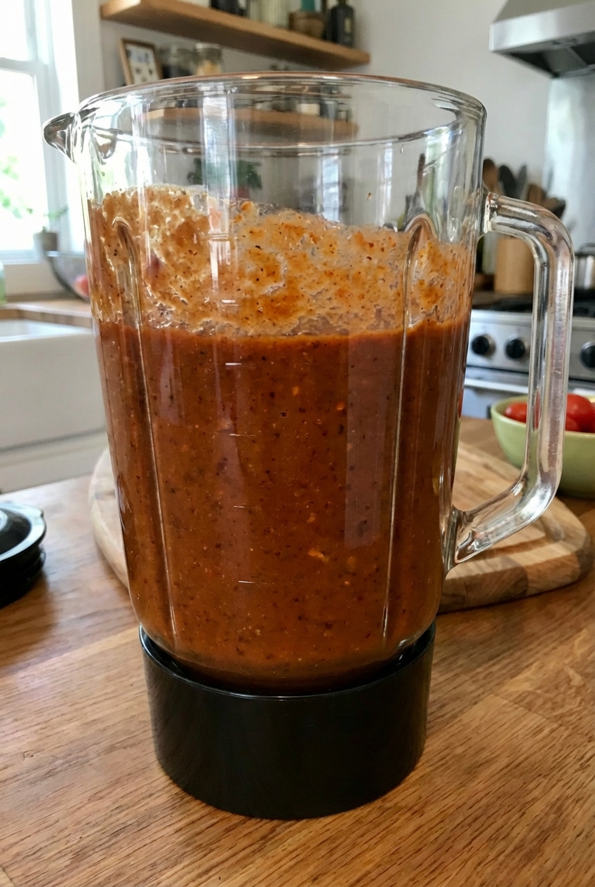 A blender jar filled with blended reddish-brown chipotle sauce before simmering