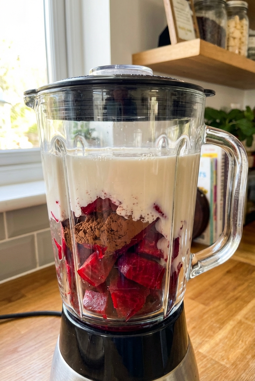 A blender jar filled with bright beet chunks, cocoa powder, and plant milk ready to blend