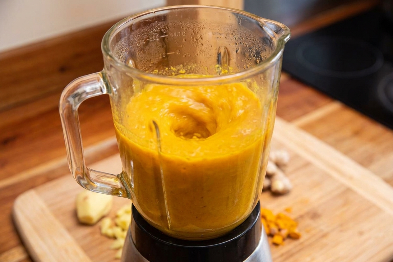 A blender jar filled with bright golden ginger turmeric mixture mid-blend on a clean kitchen counter