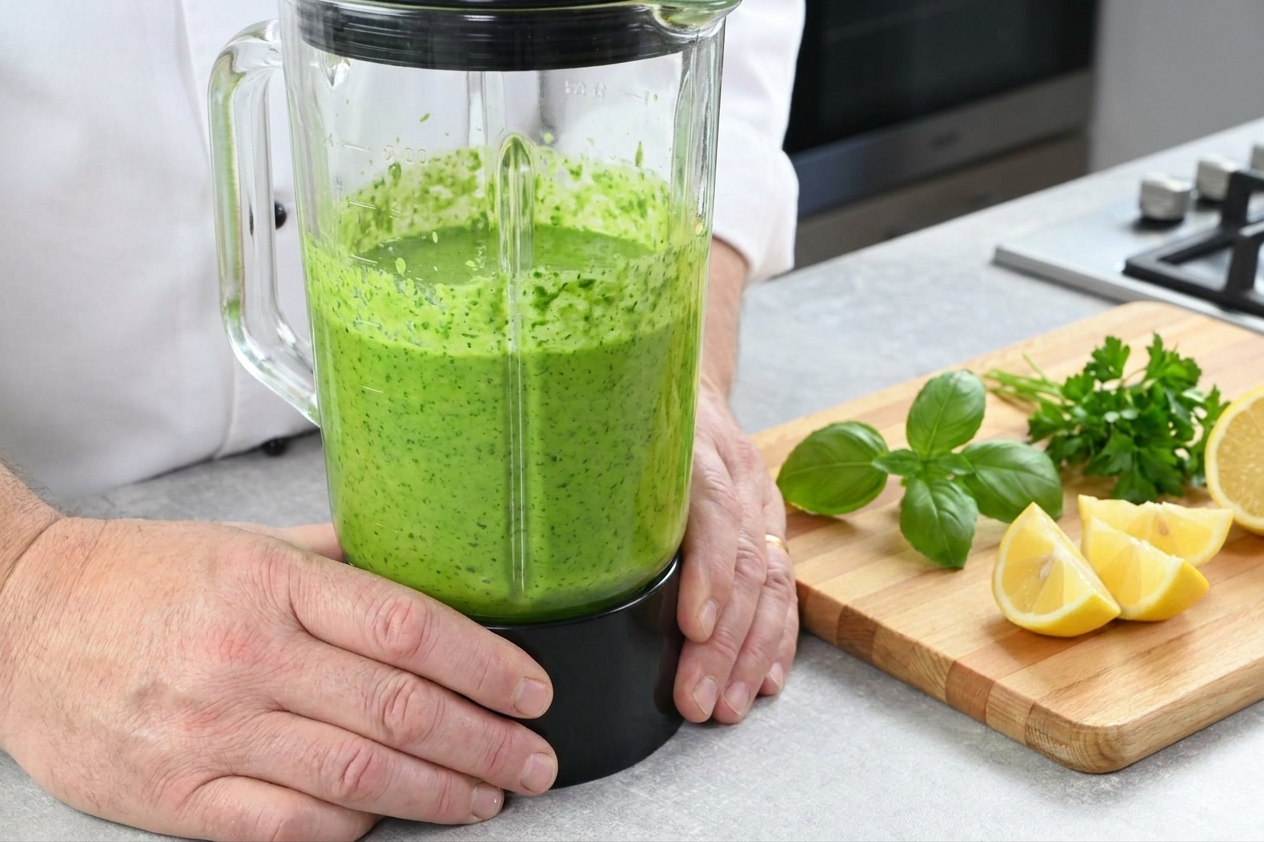 A blender jar filled with bright green herb dressing being blended on a kitchen counter, with fresh herbs and a cut lemon nearby