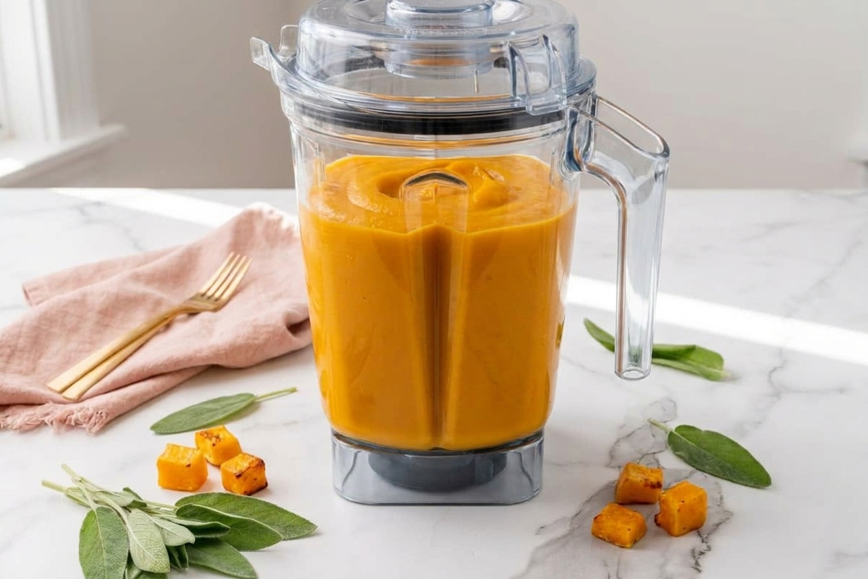 A blender jar filled with bright orange butternut squash puree on a kitchen counter