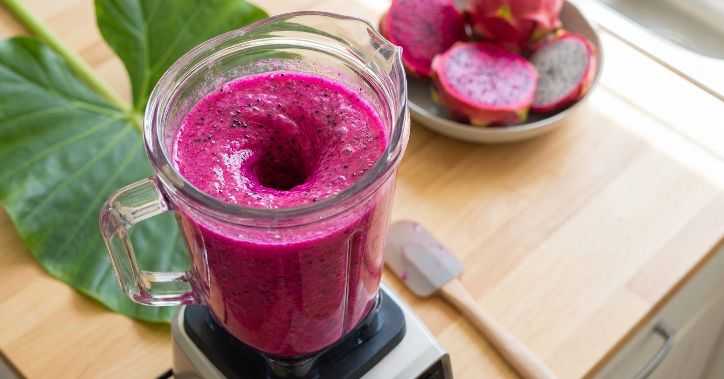 A blender jar filled with bright pink dragon fruit smoothie base being blended on a kitchen counter with a spatula nearby