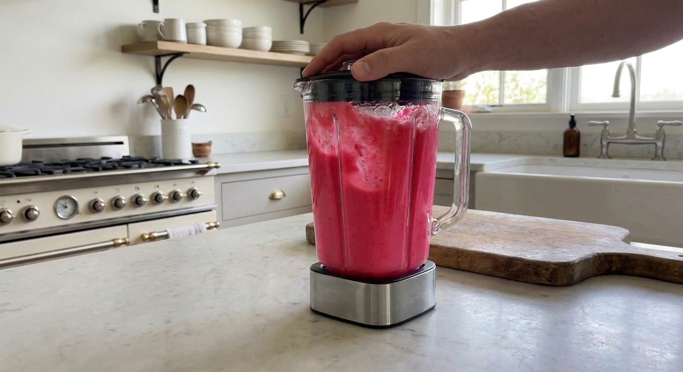 A blender jar filled with bright pink strawberry mixture being blended on a kitchen counter