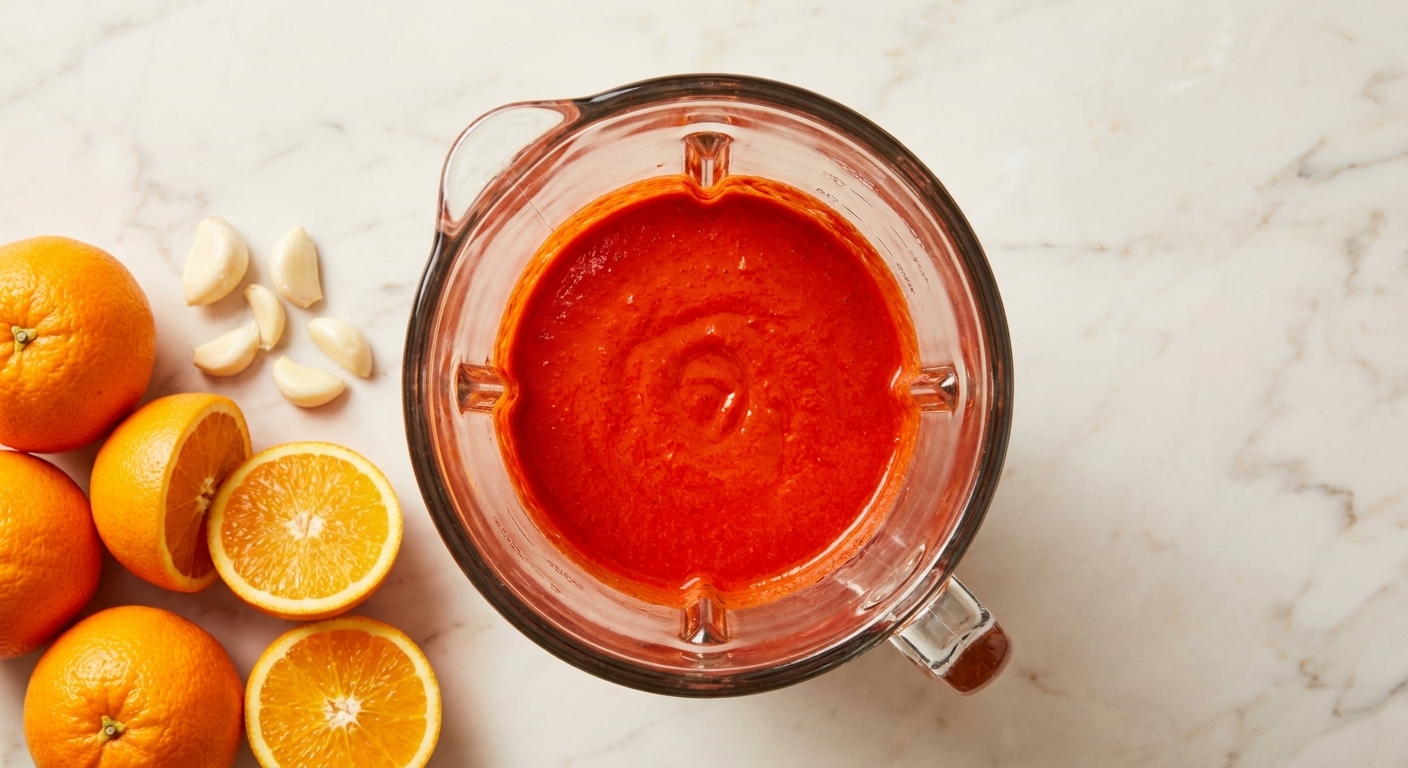 A blender jar filled with bright red achiote citrus marinade on a kitchen counter beside oranges and garlic